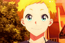 a boy with yellow hair and blue eyes is smiling for the camera