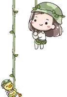 a cartoon of a girl and a duck hanging from a vine with the letter k on it