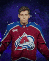 a hockey player wearing a jersey with the word goal on it