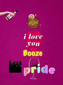 a purple poster that says i love you booze