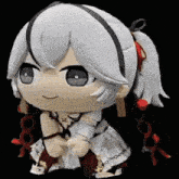 a stuffed toy of a girl with white hair and a ponytail is sitting on a black surface .