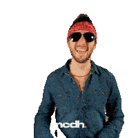 a man wearing sunglasses and a bandana with the letters mcdh on the bottom