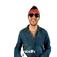 a man wearing sunglasses and a bandana with the letters mcdh on the bottom
