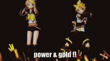a boy and a girl are dancing in front of a crowd with the words power and gold written on the screen .