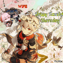 a picture of a girl with flowers in her hair and the words happy kazuki thursday