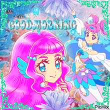 a girl with pink hair and blue wings is holding a flower and says good morning .