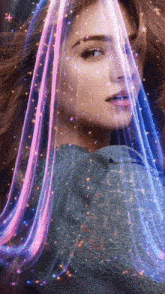 a woman with pink and blue hair covering her face with a blue veil