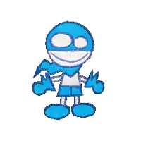 a blue and white cartoon character giving a thumbs up sign