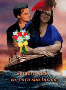 a poster for sai fora jack shows a man and a woman in front of a titanic