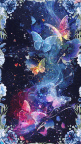 a colorful painting of butterflies and flowers on a black background