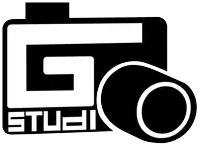 a black and white logo for g studio with a camera