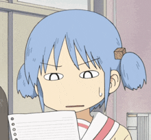 a girl with blue hair is holding a piece of paper and making a surprised face
