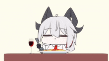 a cartoon character is sitting at a table with a plate of food and a glass of wine