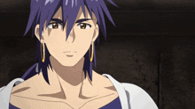 a man with purple hair has his eyes closed and his hand on his chin