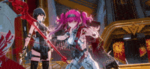 a girl with purple hair is holding a red spear