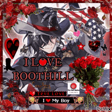a picture of a man holding a gun with the words i love boothill on it