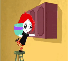 a cartoon girl with red hair is standing on a stool and reaching for a cabinet .