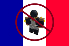 a red white and blue flag with a person in a circle with a red line through it