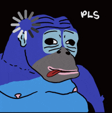 a cartoon of a blue gorilla with the word pls on the bottom right