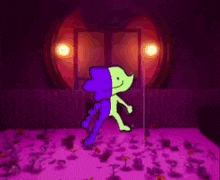 a purple and green cartoon character is dancing on a pole in a room .