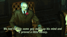 a man in a suit and tie is talking to another man in a video game that says we had to help some guy