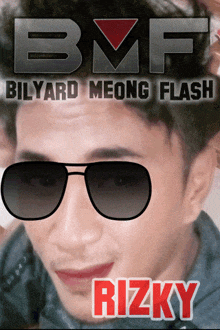 a man wearing sunglasses with the name rizky on the bottom