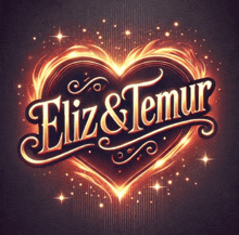 a glowing heart with the words eliza & temur written on it