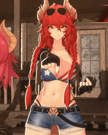 a girl with red hair and horns is wearing a bikini top with an american flag on it