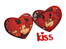 two red hearts with the word kiss on the bottom right
