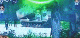 a group of people standing around a tank in a field .
