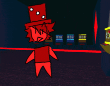 a red cartoon character with a top hat stands in front of a row of slot machines
