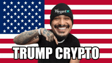 a man in front of an american flag with the words trump crypto on the bottom