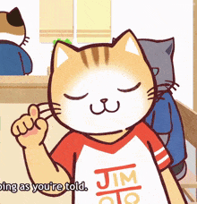 a cartoon cat is wearing a shirt that says jim on it