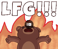 a cartoon bear is screaming in front of a fire with the words lfg written above it