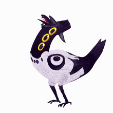 a drawing of a bird with yellow eyes and a black beak