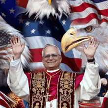 a man stands in front of an american flag with an eagle in the background