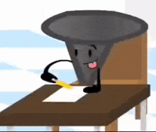 a cartoon character is writing on a piece of paper while sitting at a desk .