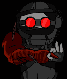 a cartoon character with a red eye and a red arm