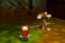 a video game character is standing next to a kangaroo in a field .