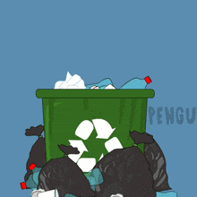 a cartoon of a penguin throwing trash into a recycling bin with the word pengu on the bottom
