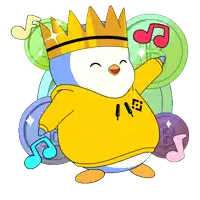 a penguin wearing a crown and a yellow hoodie
