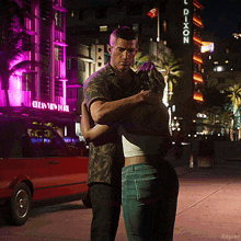a man and a woman hugging in front of a building that says dixon