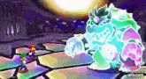 a video game character is fighting a monster in a video game .