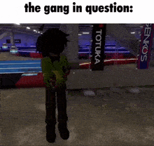 a video game character is standing in front of a sign that says totukka