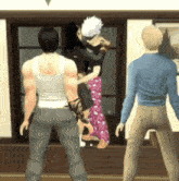 a man in a white tank top is standing in front of a woman in pink pants