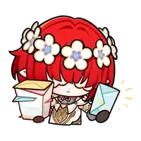 a girl with red hair and flowers in her hair is holding a stack of books