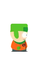 a cartoon character with a green hat and an orange shirt has the letter d on his chest