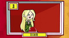 a cartoon character named dawn is sitting in front of a red board .