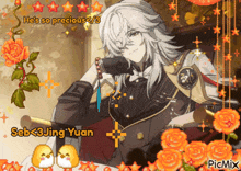 a picture of seb < 3jing yuan with flowers around him
