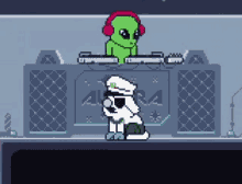 a pixel art drawing of an alien playing a dj set .